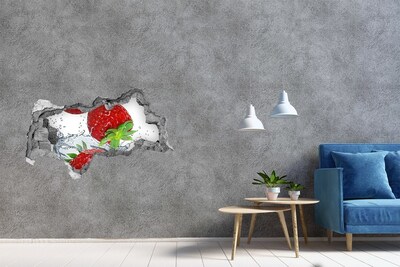 3D muursticker gescheurde muur Sappige aardbeien in een waterexplosie