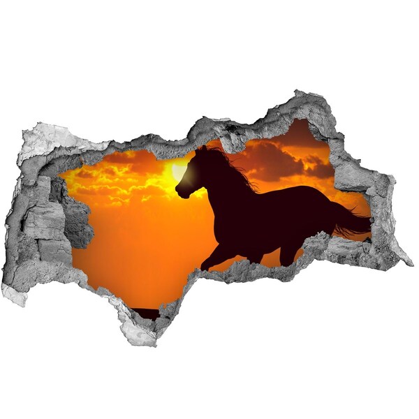 3D sticker gat in stenen muur Paard bij zonsondergang