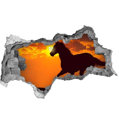 3D sticker gat in stenen muur Paard bij zonsondergang