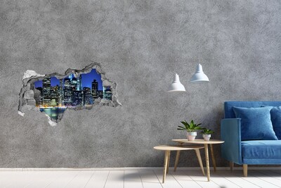 3D sticker gat in stenen muur De skyline van New York 's nachts