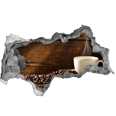 Zelfklevende 3D wandsticker illusie Koffie en bonen op een houten achtergrond