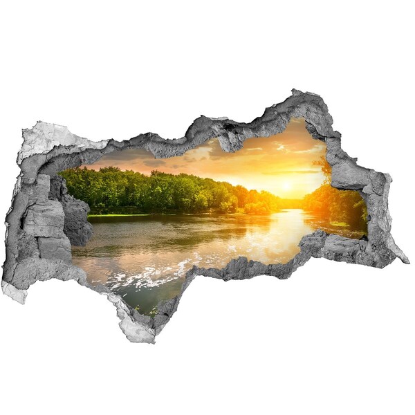 3D muursticker gescheurde muur Zonsondergang boven de rivier