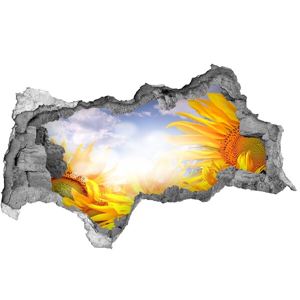 3D sticker gat in stenen muur Zonnebloemen in het zonlicht