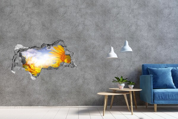 3D sticker gat in stenen muur Zonnebloemen in het zonlicht