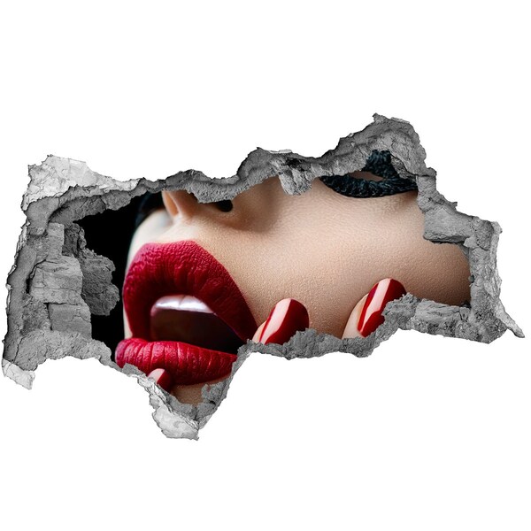 Wandsticker 3D doorkijk Sensuele vrouw met rode lippen