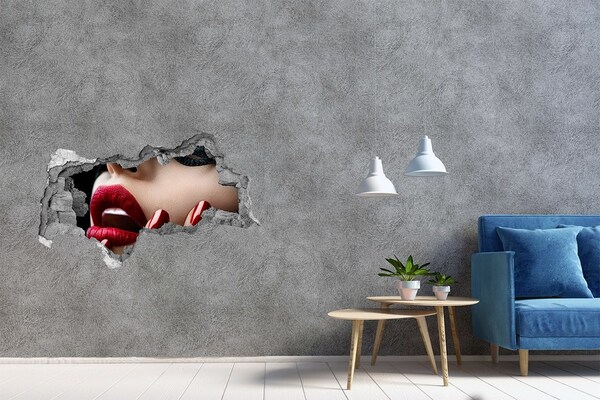 Wandsticker 3D doorkijk Sensuele vrouw met rode lippen