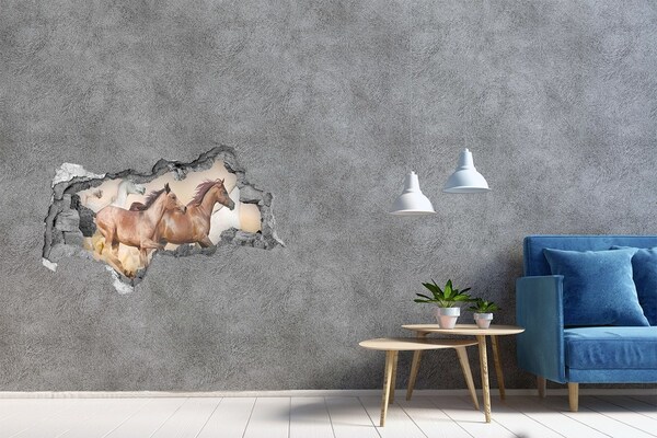 3D muursticker gescheurde muur Galopperende paarden in het wild