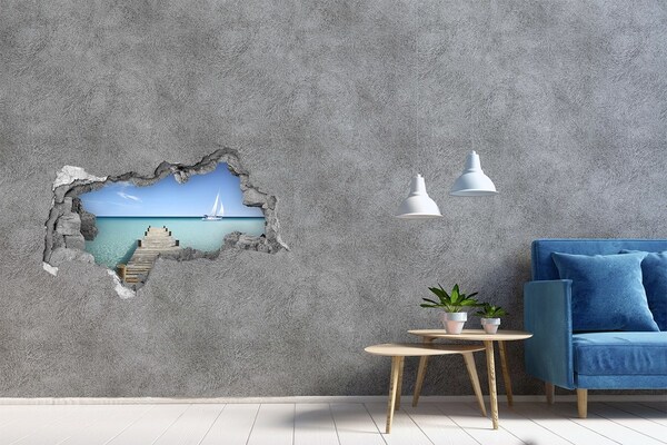 3D sticker gat in stenen muur Pier boven de turquoise zee