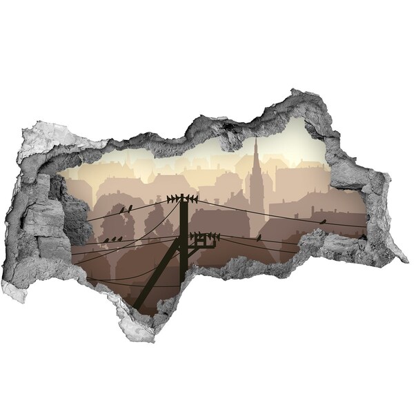 3D sticker gat in stenen muur Uitzicht op de stad door een gat in de muur.