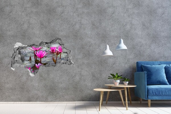 3D muursticker gescheurde muur Waterbloemen in de vijver