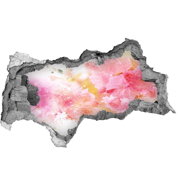 Wandsticker 3D doorkijk Een bloemenlandschap achter een gat in de muur.