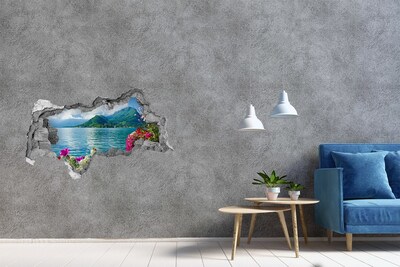 3D sticker gat in stenen muur Berglandschap aan het meer