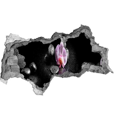 Wandsticker 3D doorkijk Orchideebloem omringd door stenen