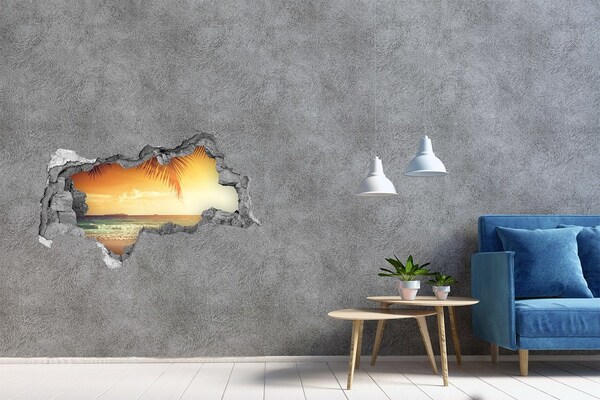 Wandsticker 3D doorkijk Tropisch strand bij zonsondergang