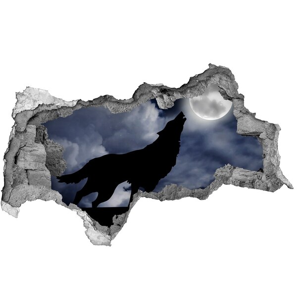 3D sticker gat in stenen muur Wolf tegen de maan