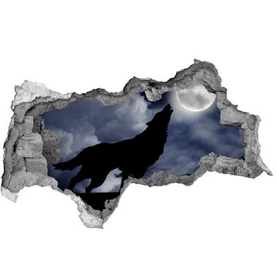 3D sticker gat in stenen muur Wolf tegen de maan