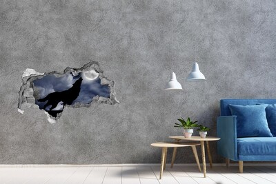 3D sticker gat in stenen muur Wolf tegen de maan