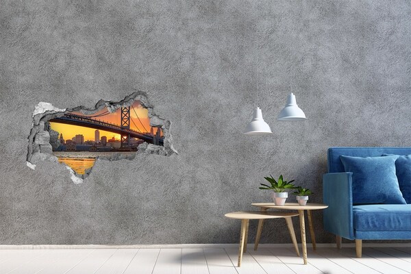 3D muursticker gescheurde muur Zonsondergang boven de brug