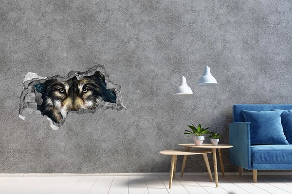 3D sticker gat in stenen muur Wolfs blik door de muur