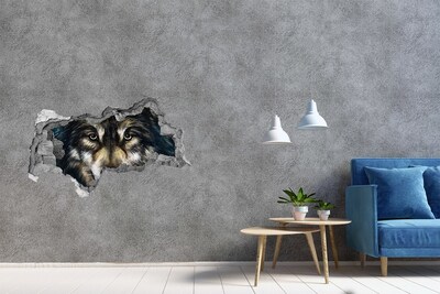 3D sticker gat in stenen muur Wolfs blik door de muur