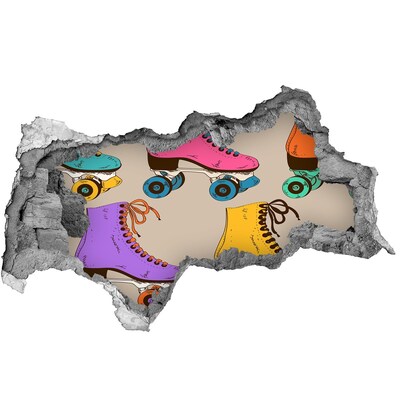 3D muursticker gescheurde muur Kleurrijke rolschaatsen in een gat in de muur