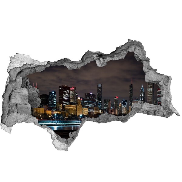 3D sticker gat in stenen muur Nachtpanorama van de stad