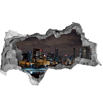 3D sticker gat in stenen muur Nachtpanorama van de stad