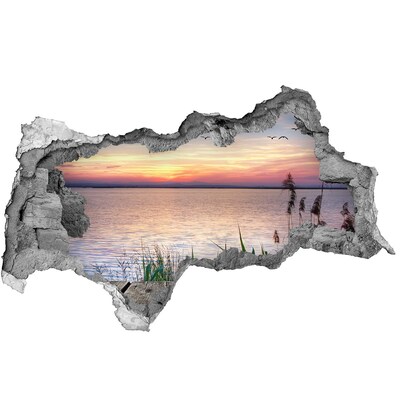 3D muursticker gescheurde muur Zonsondergang boven het meer