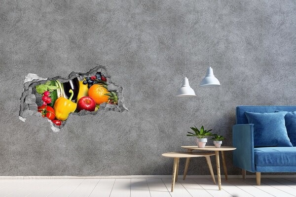 Zelfklevende 3D wandsticker illusie Fruit en groenten in een gat in de muur
