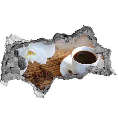 3D muursticker gescheurde muur Koffie met orchideebloem