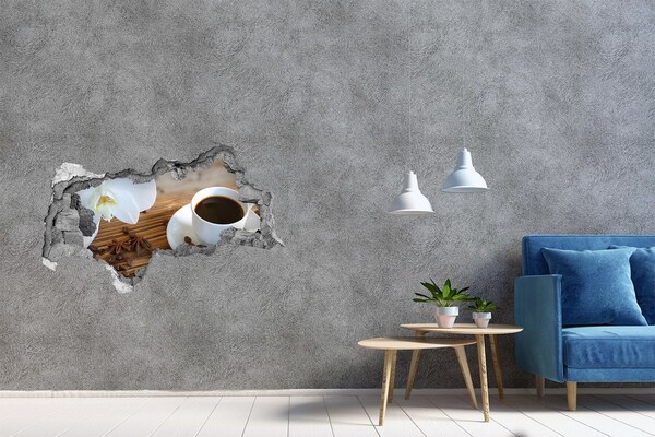 3D muursticker gescheurde muur Koffie met orchideebloem