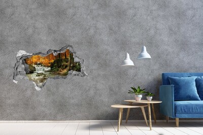 3D sticker gat in stenen muur Herfstwaterval in het bos