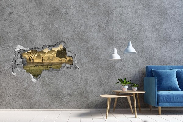 Wandsticker 3D doorkijk Afrikaanse savanne met giraffen en zebra's