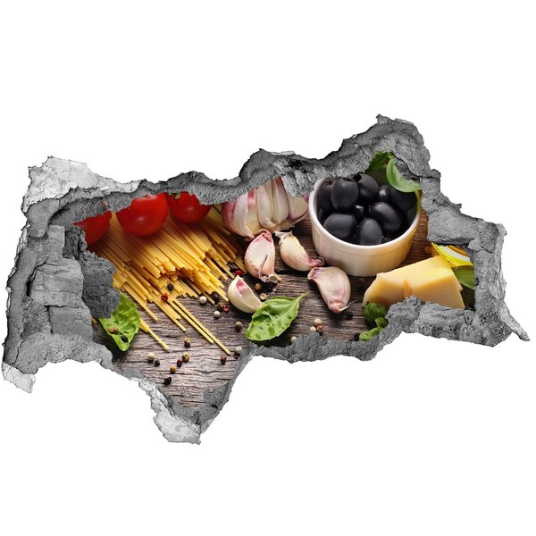 3D sticker gat in stenen muur Italiaanse gerechten met pasta en knoflook