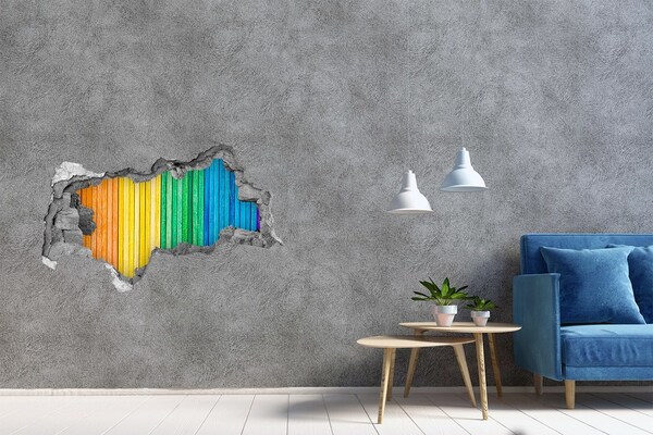 Zelfklevende 3D wandsticker illusie Kleurrijke borden in een gat in de muur