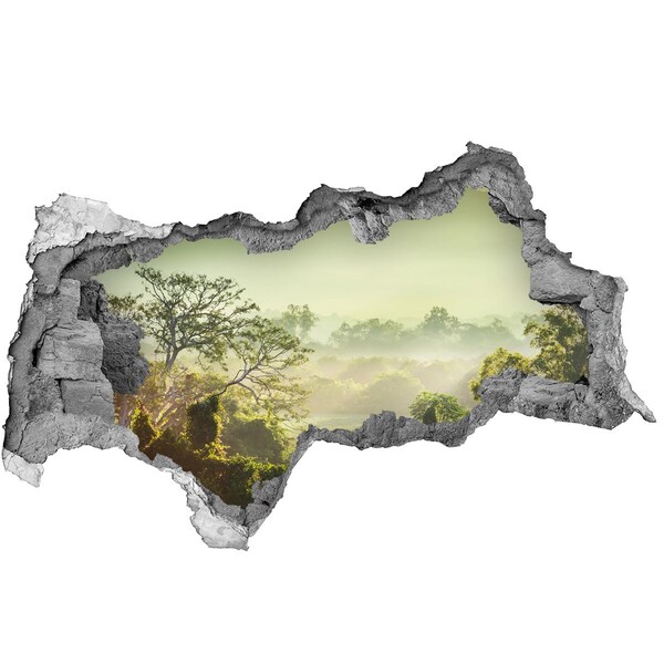 Zelfklevende 3D wandsticker illusie Groene vallei in de mist