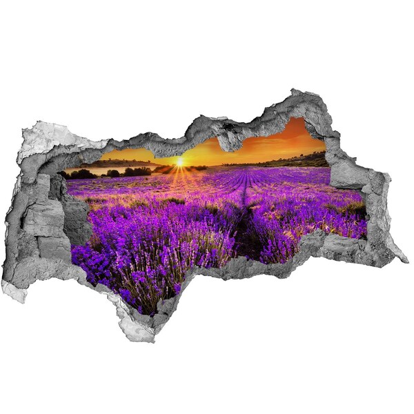 3D muursticker gescheurde muur Lavendelveld bij zonsondergang