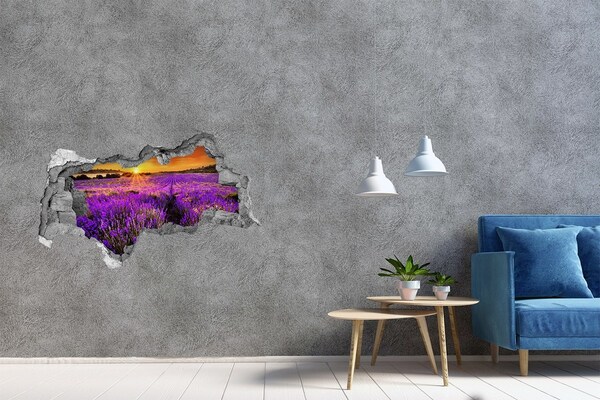 3D muursticker gescheurde muur Lavendelveld bij zonsondergang