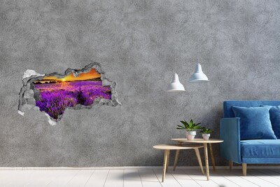 3D muursticker gescheurde muur Lavendelveld bij zonsondergang