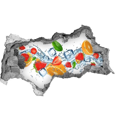 3D sticker gat in stenen muur Fruitcocktail in een waterexplosie