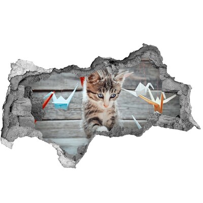 Zelfklevende 3D wandsticker illusie Kitten in een gat in de muur