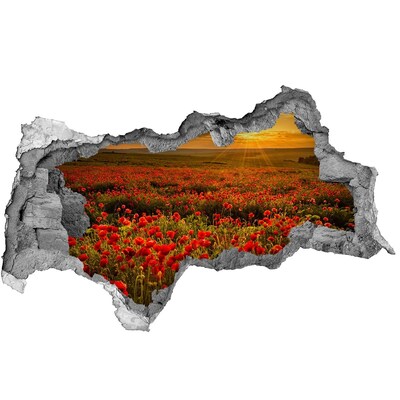 3D muursticker gescheurde muur Bloemenlandschap bij zonsondergang