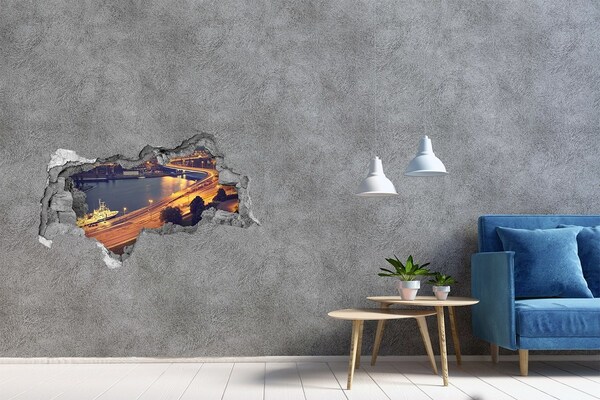 Zelfklevende 3D wandsticker illusie Uitzicht op de stad 's nachts