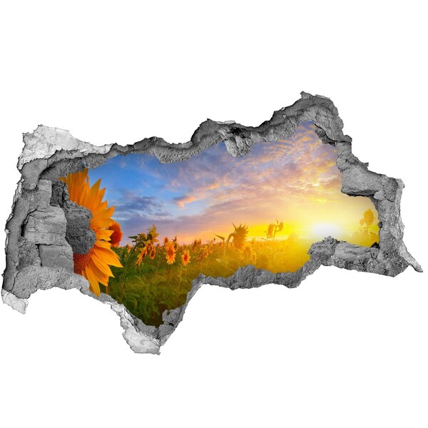 3D muursticker gescheurde muur Zonnebloemen in de ondergaande zon