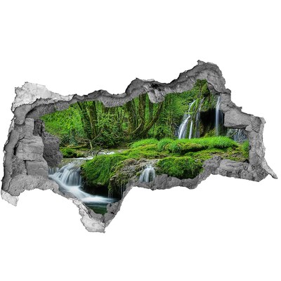 3D sticker gat in stenen muur Mysterieus bos met een waterval