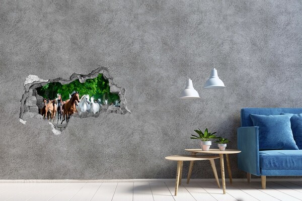 Wandsticker 3D doorkijk Een kudde paarden op de vlucht