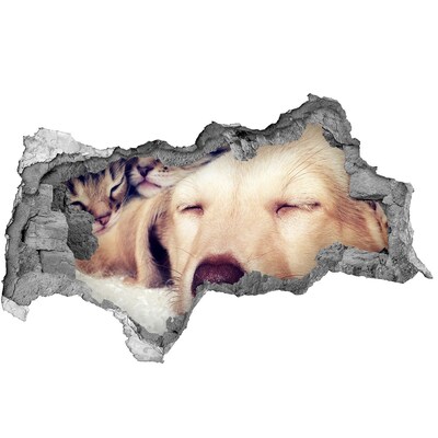 3D sticker gat in stenen muur Schattige hond in een gat in de muur
