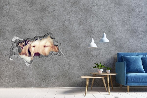 3D sticker gat in stenen muur Schattige hond in een gat in de muur