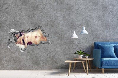 3D sticker gat in stenen muur Schattige hond in een gat in de muur