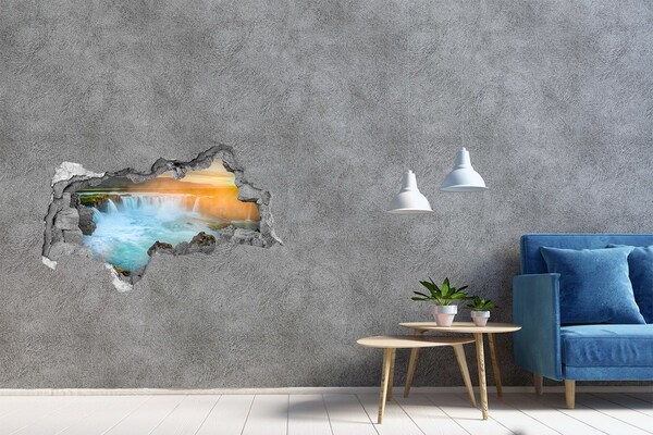 3D muursticker gescheurde muur Waterval in de ondergaande zon